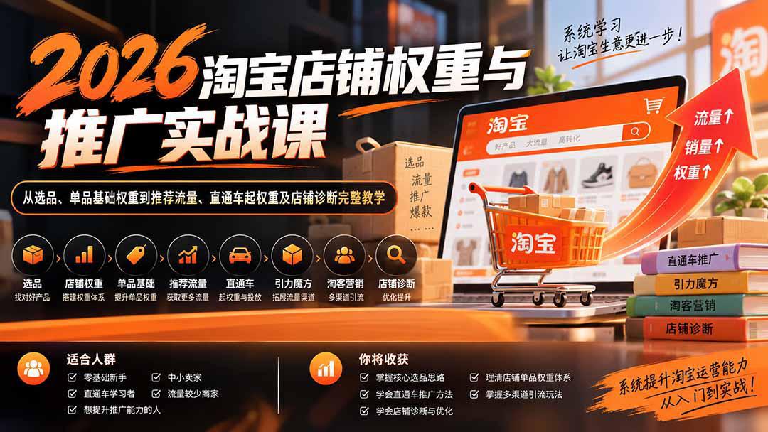 2026淘宝店铺权重与推广实战课：从选品、单品基础权重到推荐流量、直通车起权重及店铺诊断完整教学-阿灿学库