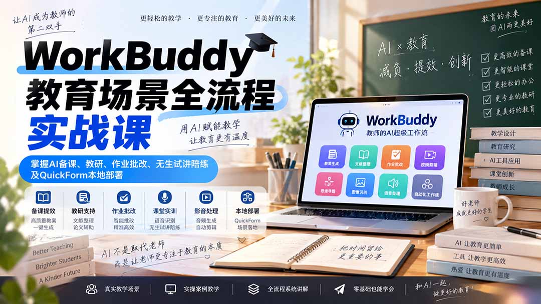 WorkBuddy教育场景全流程实战课:掌握AI备课、教研、作业批改、无生试讲陪练及QuickForm本地部署-阿灿学库