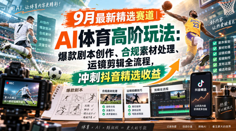 某大佬的9月最新精选赛道之AI体育顶级玩法，爆款剧本创作、版权规避、运镜剪辑全流程，稳拿抖音精选收益-阿灿学库