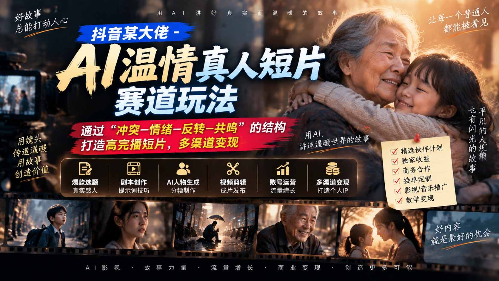 抖音某大佬-AI温情真人短片赛道玩法：通过“冲突—情绪—反转—共鸣”的结构打造高完播短片，多渠道变现-阿灿学库