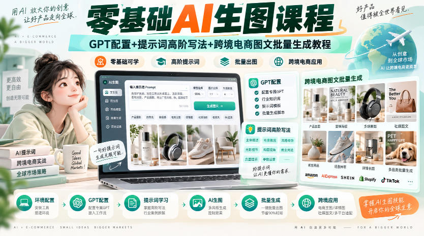 零基础AI生图课程，GPT配置+提示词高阶写法+跨境电商图文批量生成教程-阿灿学库
