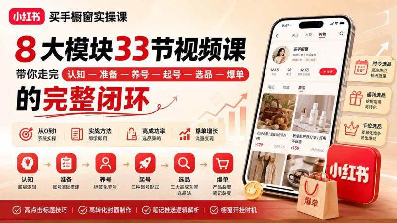 小红书买手橱窗实操课:8大模块33节视频课,带你走完”认知—准备—养号—起号—选品—爆单”的完整闭环 -1 小红书买手橱窗实操课:8大模块33节视频课,带你走完”认知—准备—养号—起号—选品—爆单”的完整闭环 -1