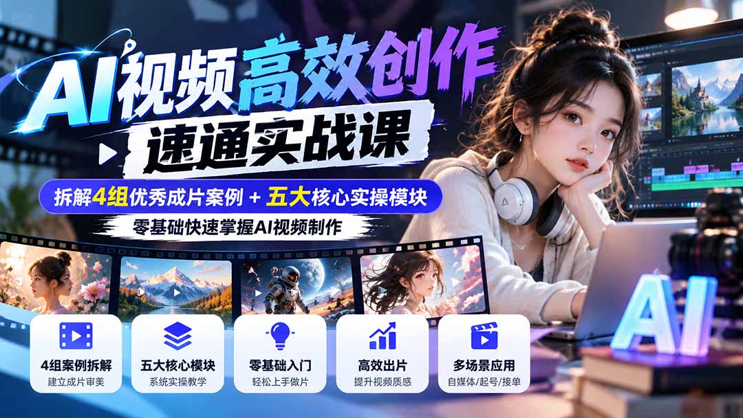 【无水印】AI视频高效创作速通实战课:拆解4组优秀成片案例+五大核心实操模块,零基础快速掌握AI视频制作-阿灿学库
