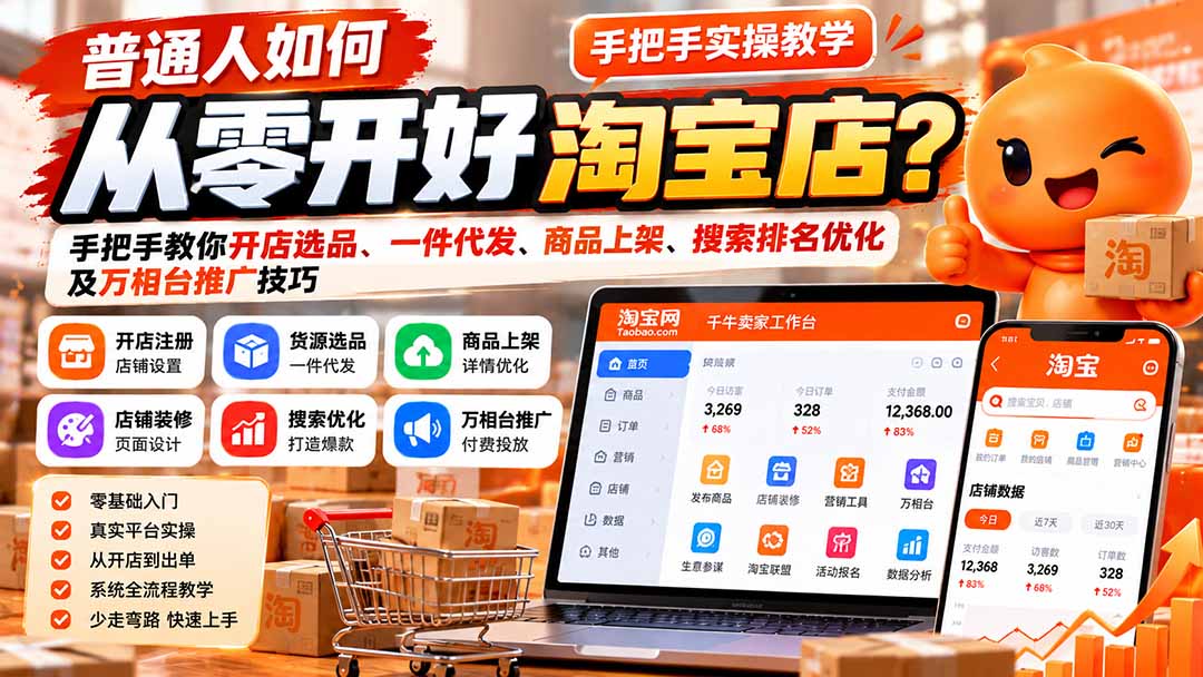 普通人如何从零开好淘宝店？手把手教你开店选品、一件代发、商品上架、搜索排名优化及万相台推广技巧-阿灿学库