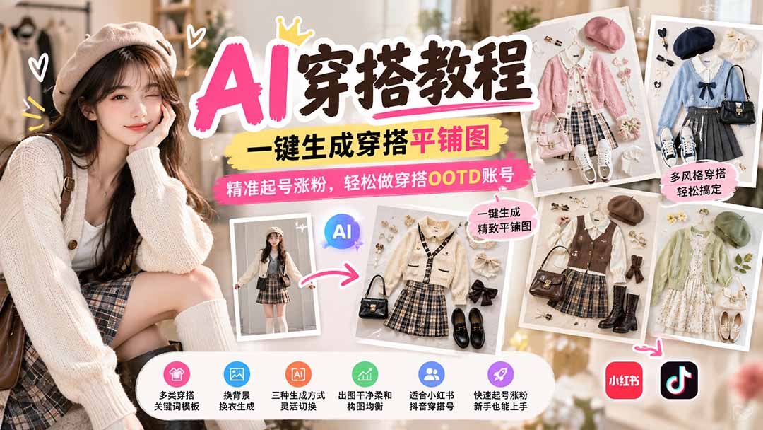 【无水印】AI穿搭教程｜一键生成穿搭平铺图，精准起号涨粉，轻松做穿搭OOTD账号-阿灿学库
