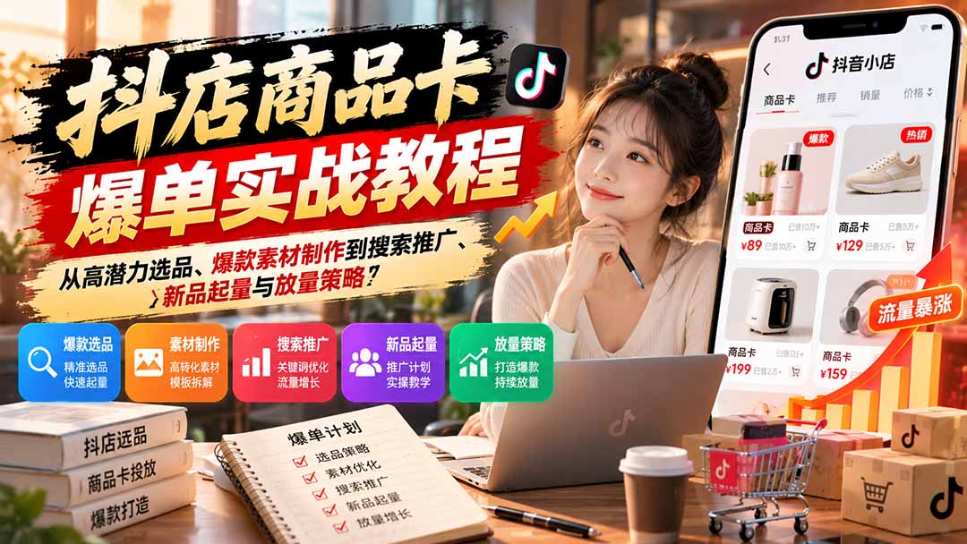 抖店商品卡爆单实战教程：从高潜力选品、爆款素材制作到搜索推广、新品起量与放量策略-阿灿学库