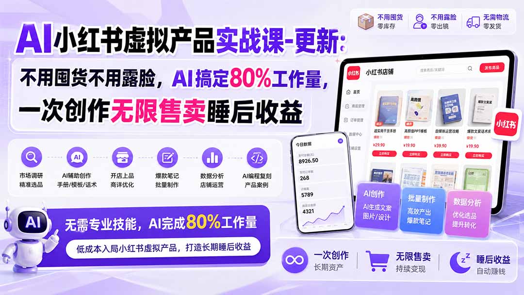 AI小红书虚拟产品实战课-更新1017：不用囤货不用露脸，AI搞定80%工作量，一次创作无限售卖睡后收益-阿灿学库