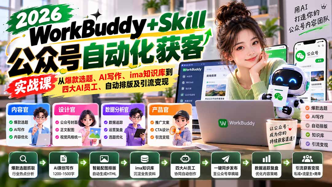 WorkBuddy + Skill公众号自动化获客实战课：从爆款选题、AI写作、ima知识库到四大AI员工、自动排版及引流变现-阿灿学库