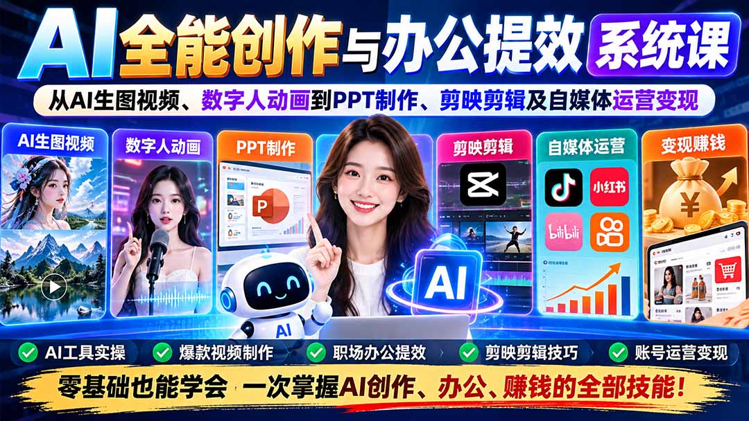 AI全能创作与办公提效系统课：从AI生图视频、数字人动画到PPT制作、剪映剪辑及自媒体运营变现-阿灿学库