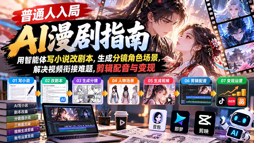 【无水印】普通人入局AI漫剧指南：用智能体写小说改剧本，生成分镜角色场景，解决视频衔接难题，剪辑配音与变现-阿灿学库