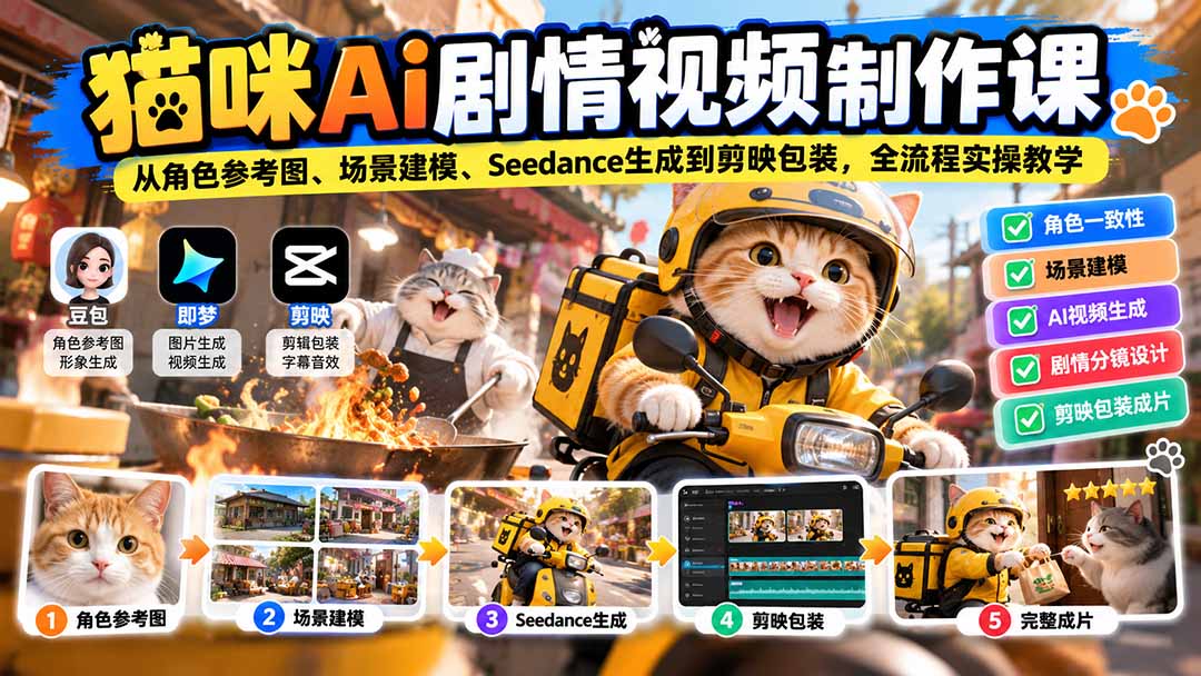 猫咪AI剧情视频制作课:从角色参考图、场景建模、Seedance生成到剪映包装,全流程实操教学-阿灿学库