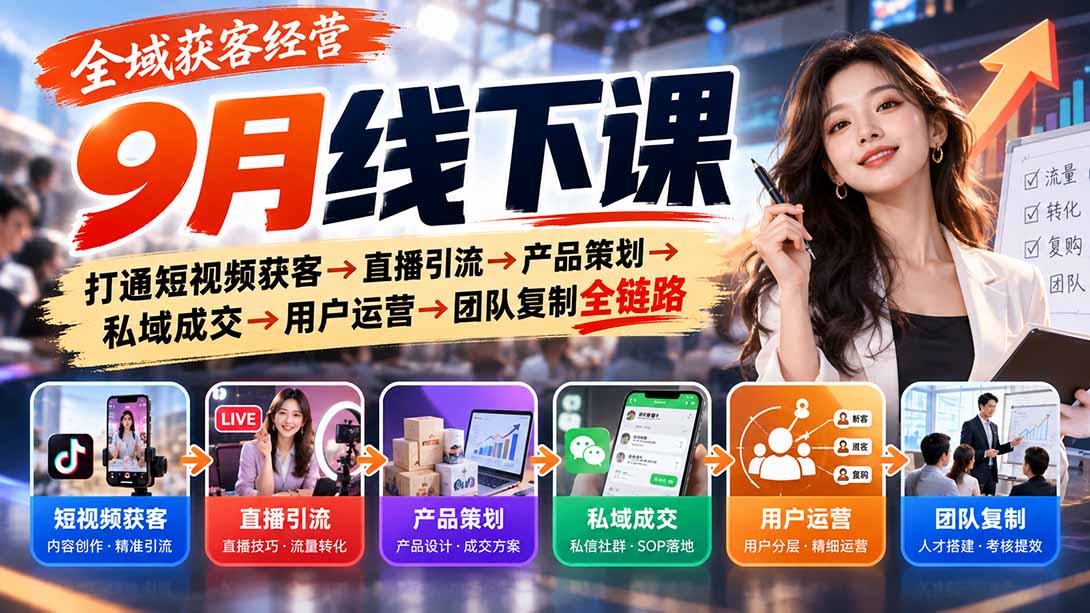 全域获客经营9月线下课：打通短视频获客→直播引流→产品策划→私域成交→用户运营→团队复制全链路-阿灿学库