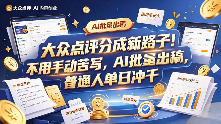 大众点评副业新玩法，工具提效解放双手，批量做笔记，单日可破千-阿灿学库