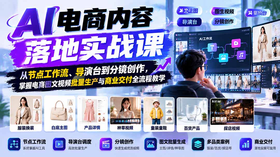 AI电商内容落地实战课：从节点工作流、导演台到分镜创作，掌握电商图文视频批量生产与商业交付全流程教学-红果网创