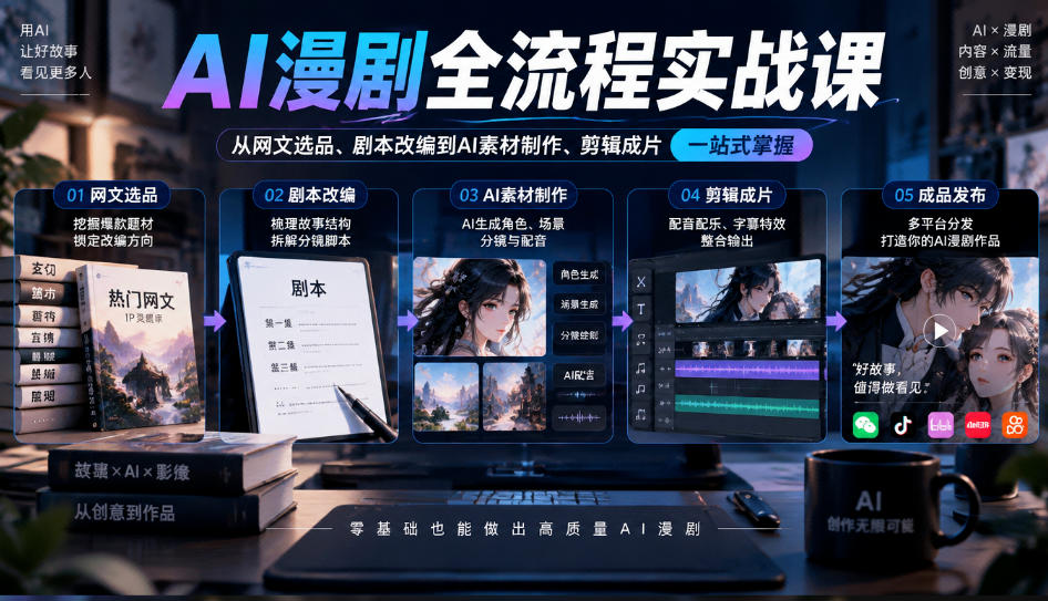 AI漫剧全流程实战课，覆盖从网文选品、剧本改编到AI素材制作、剪辑成片的完整链路-阿灿学库