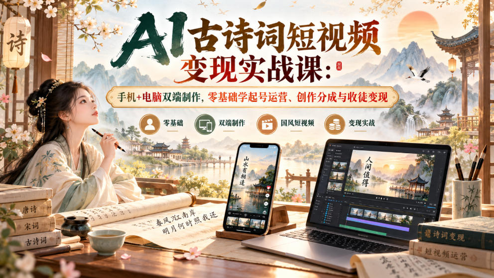 AI古诗词短视频变现实战课：手机+电脑双端制作，零基础学起号运营、创作分成与收徒变现-阿灿学库