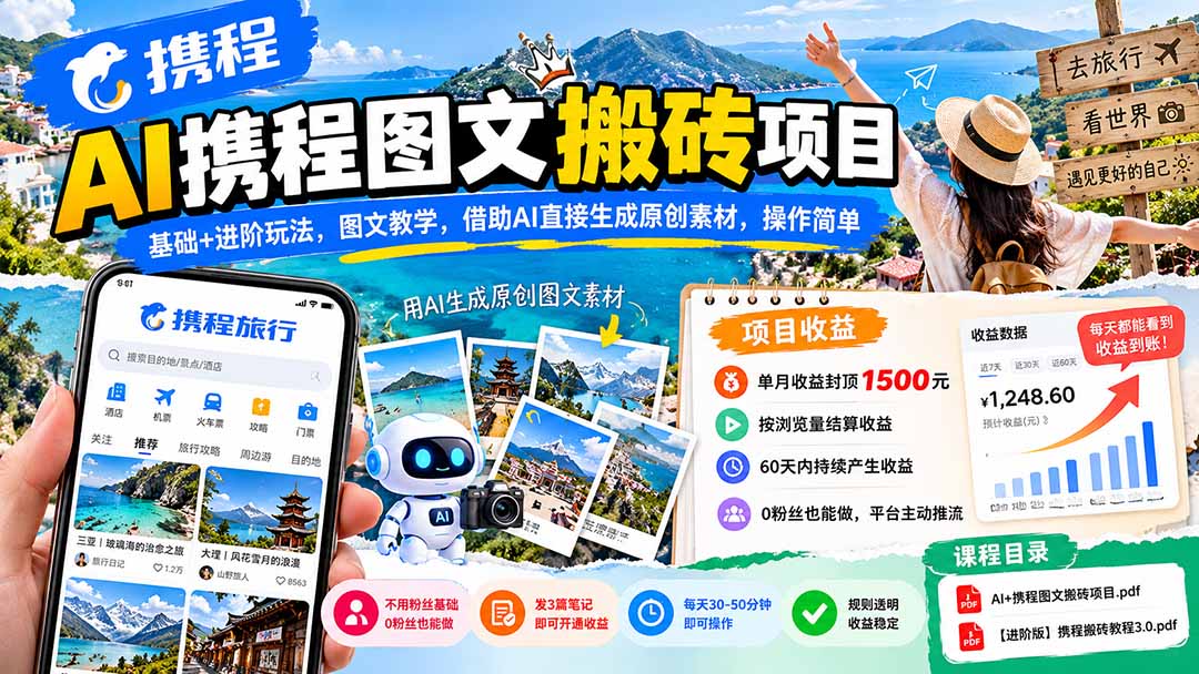 AI携程图文搬砖项目，基础+进阶玩法，图文教学，借助AI直接生成原创素材，操作简单-阿灿学库