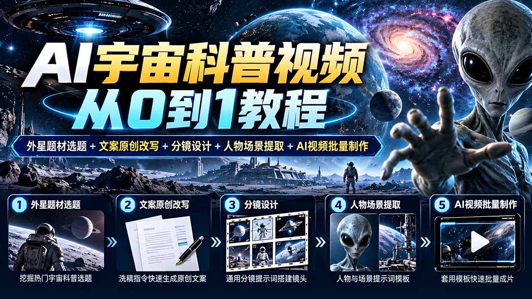 AI宇宙科普视频从0到1教程|外星题材选题+文案原创改写+分镜设计+人物场景提取+AI视频批量制作-阿灿学库