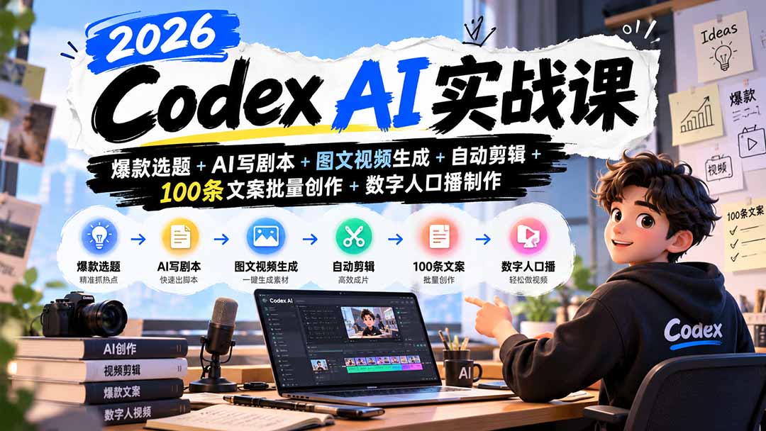 2026Codex AI实战课:爆款选题+AI写剧本+图文视频生成+自动剪辑+100条文案批量创作+数字人口播制作-阿灿学库