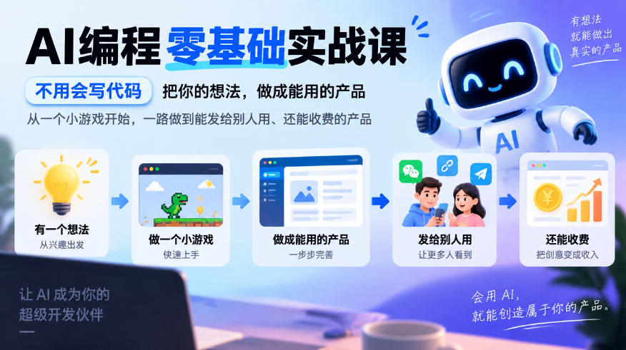 AI编程零基础实战课，不用会写代码，把你的想法，做成能用的产品，从一个小游戏开始，一路做到能发给别人用、还能收费的产品-阿灿学库