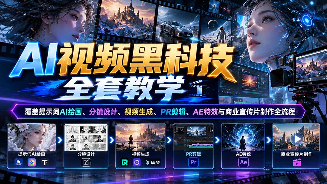 AI视频黑科技全套教学：覆盖提示词AI绘画、分镜设计、视频生成、PR剪辑、AE特效与商业宣传片制作全流程-阿灿学库