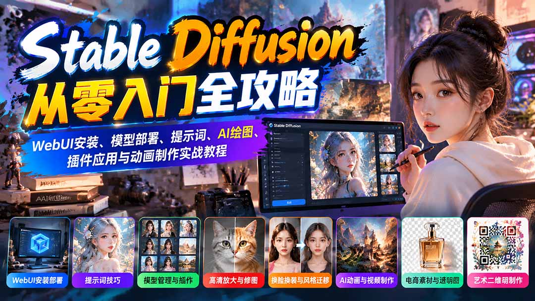 Stable Diffusion从零入门全攻略：WebUI安装、模型部署、提示词、AI绘图、插件应用与动画制作实战教程-阿灿学库