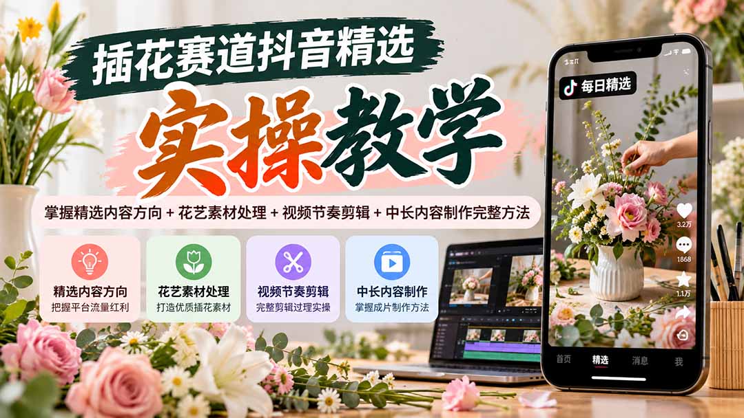 插花赛道抖音精选实操教学:掌握精选内容方向+花艺素材处理+视频节奏剪辑+中长内容制作完整方法-阿灿学库