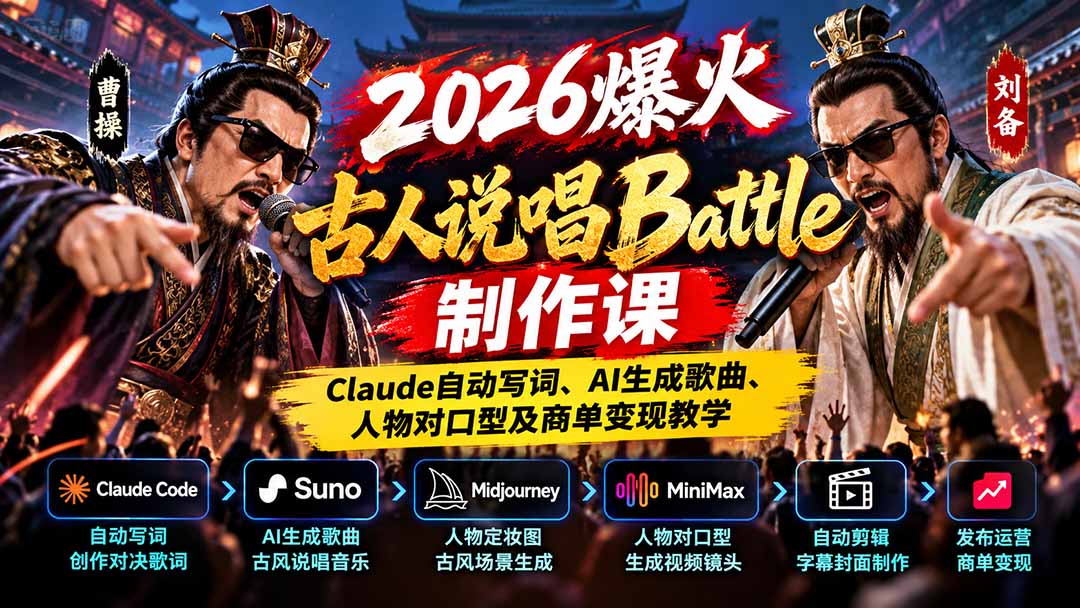 2026爆火古人说唱Battle制作课：Claude自动写词、AI生成歌曲、人物对口型及商单变现教学-阿灿学库