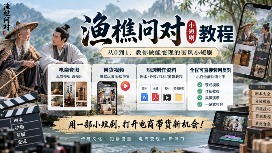 渔樵问对小短剧教程,包含电商套图、带货视频,短剧制作资料,全程可直接套用复刻-阿灿学库