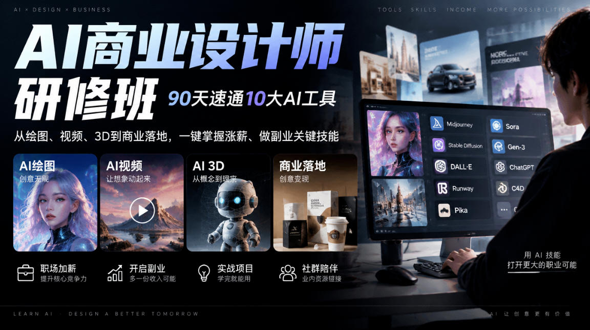 AI商业设计师研修班，90天速通10大AI工具，从绘图、视频、3D到商业落地，一键掌握涨薪、做副业关键技能-红果网创