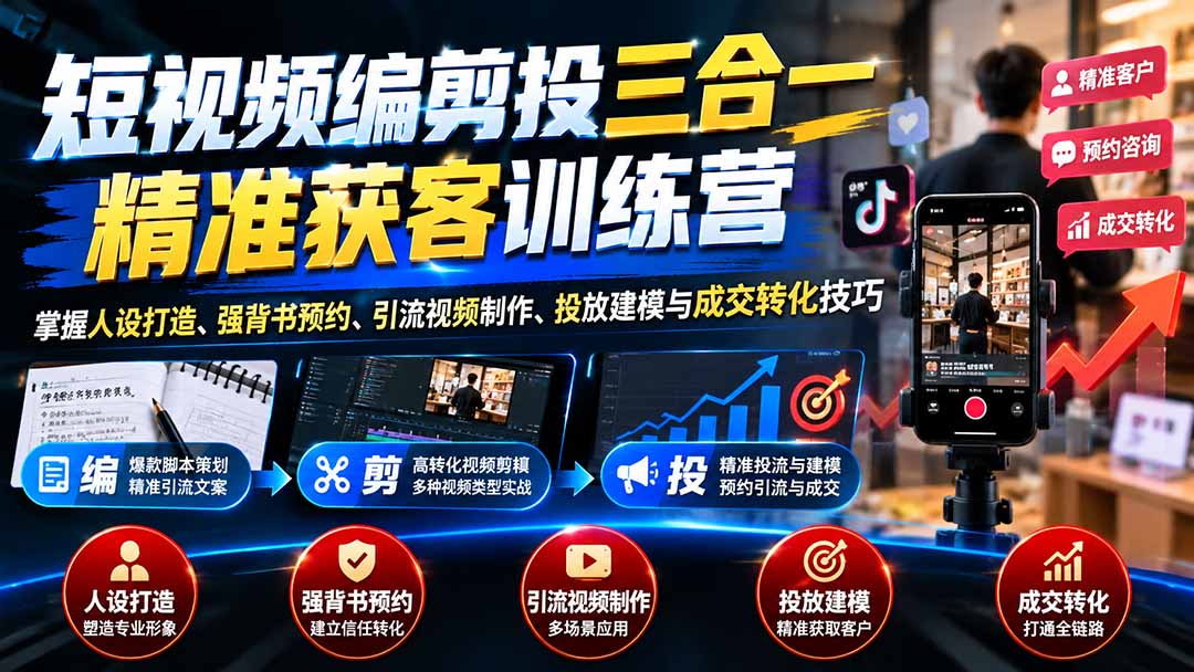 短视频编剪投三合一精准获客训练营：掌握人设打造、强背书预约、引流视频制作、投放建模与成交转化技巧-阿灿学库