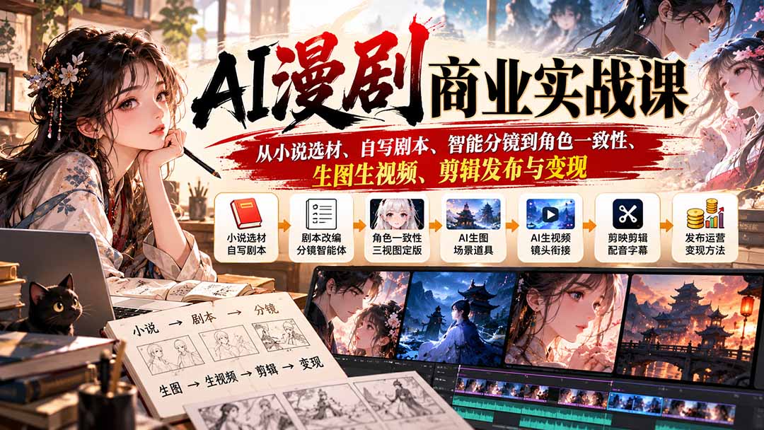 AI漫剧商业实战课:从小说选材、自写剧本、智能分镜到角色一致性、生图生视频、剪辑发布与变现-阿灿学库