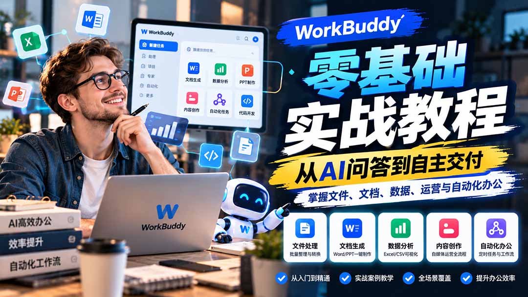 WorkBuddy零基础实战教程：从AI问答到自主交付，掌握文件、文档、数据、运营与自动化办公-阿灿学库