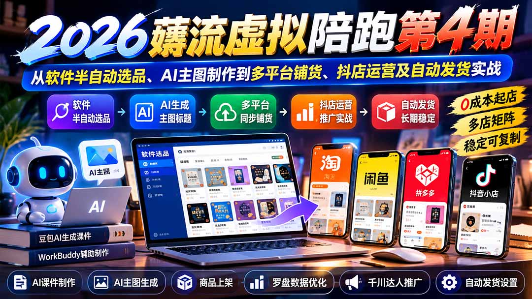 2026薅流虚拟陪跑第4期：从软件半自动选品、AI主图制作到多平台铺货、抖店运营及自动发货实战-阿灿学库