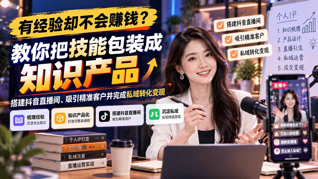 有经验却不会赚钱？教你把技能包装成知识产品，搭建抖音直播间、吸引精准客户并完成私域转化变现-阿灿学库