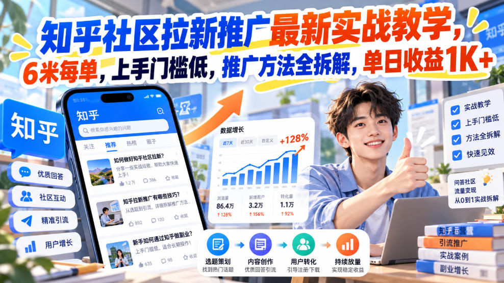 知乎社区拉新推广最新实战教学，6米每单，上手门槛低，推广方法全拆解，单日收益1K+！(更新1030)-阿灿学库