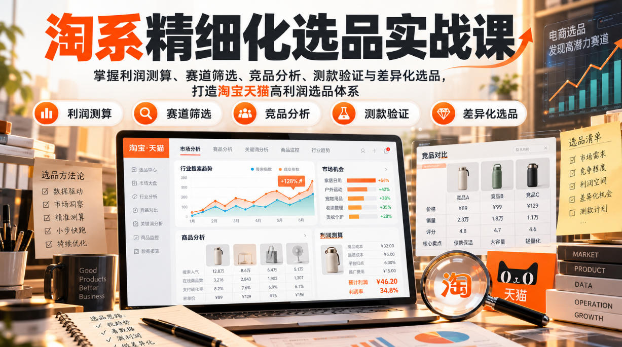货架电商精细化选品实战课：掌握利润测算、赛道筛选、竞品分析、测款验证与差异化选品，打造淘宝天猫高利润选品体系-红果网创