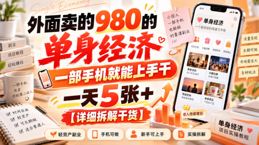 外面卖的980的单身经济，一部手机就能上手干，一天5张+【详细拆解干货】-阿灿学库