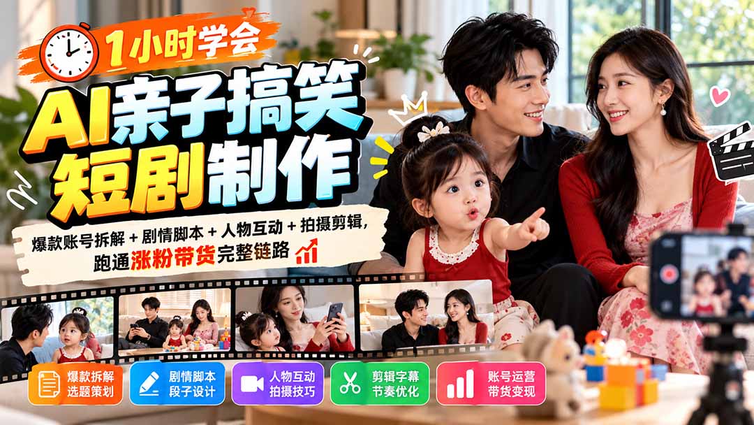1小时学会AI亲子搞笑短剧制作:爆款账号拆解+剧情脚本+人物互动+拍摄剪辑,跑通涨粉带货完整链路-阿灿学库