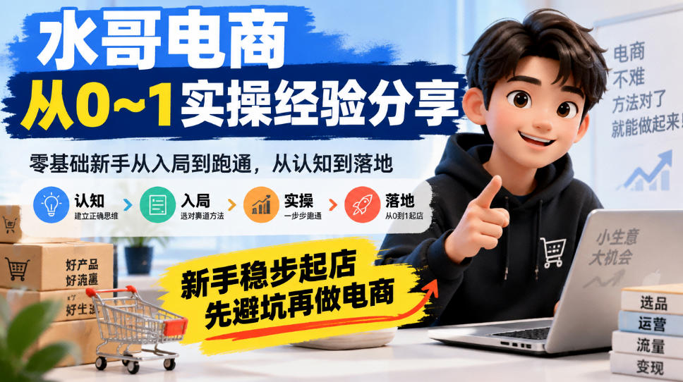 水哥电商从0~1实操经验分享，​零基础新手从入局到跑通，从认知到落地，新手稳步起店，先避坑再做电商-阿灿学库