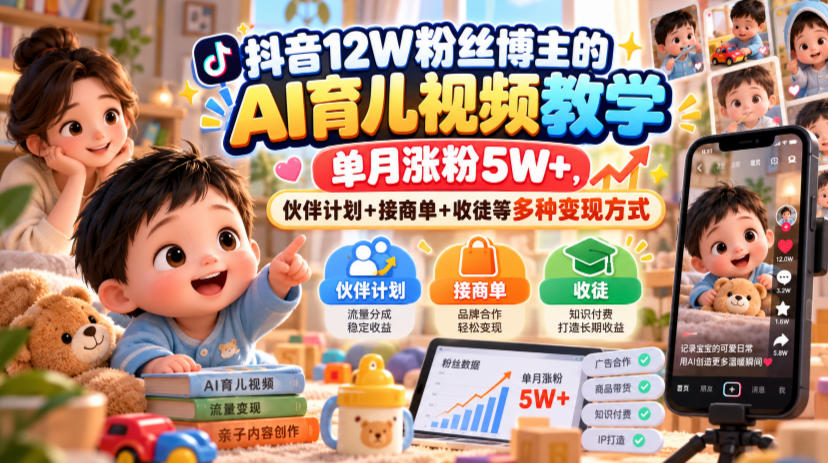 抖音12W粉丝博主的AI育儿视频教学，单月涨粉5W+，伙伴计划+接商单+收徒等多种变现方式-阿灿学库
