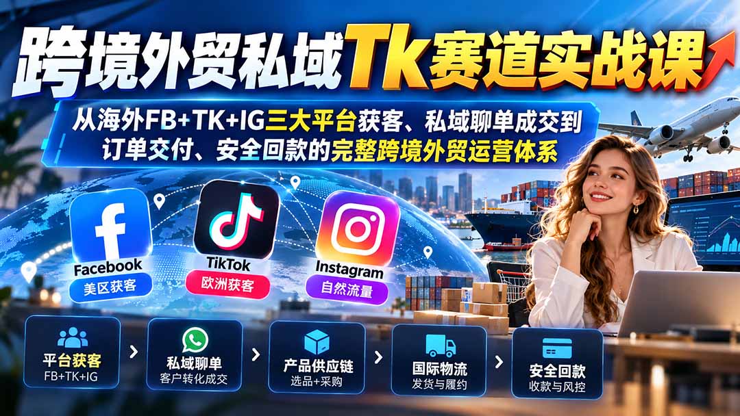 跨境外贸私域Tk赛道实战课：从海外FB+TK+IG三大平台获客、私域聊单成交到订单交付、安全回款的完整跨境外贸运营体系-阿灿学库