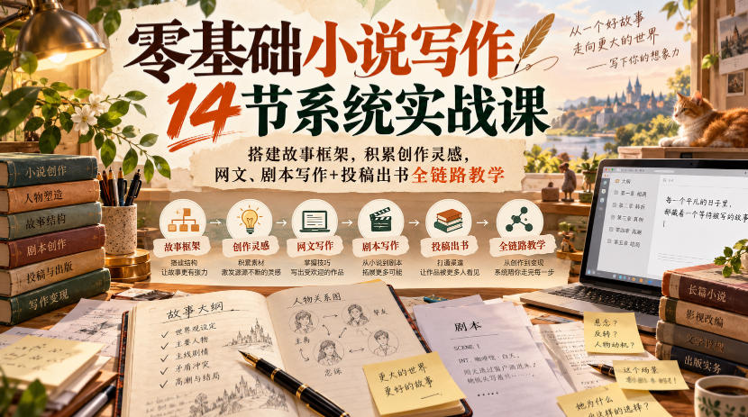 零基础小说写作14节系统实战课，搭建故事框架，积累创作灵感，网文、剧本写作+投稿出书全链路教学-阿灿学库