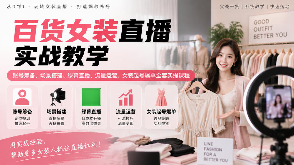百货女装直播实战教学|账号筹备、场景搭建、绿幕直播、流量运营、女装起号爆单全套实操课程-阿灿学库