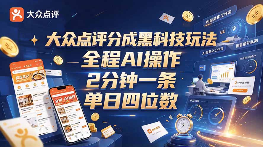 大众点评分成全网独家玩法，AI 全自动出内容，2 分钟一条，小白可冲单日四位数-阿灿学库
