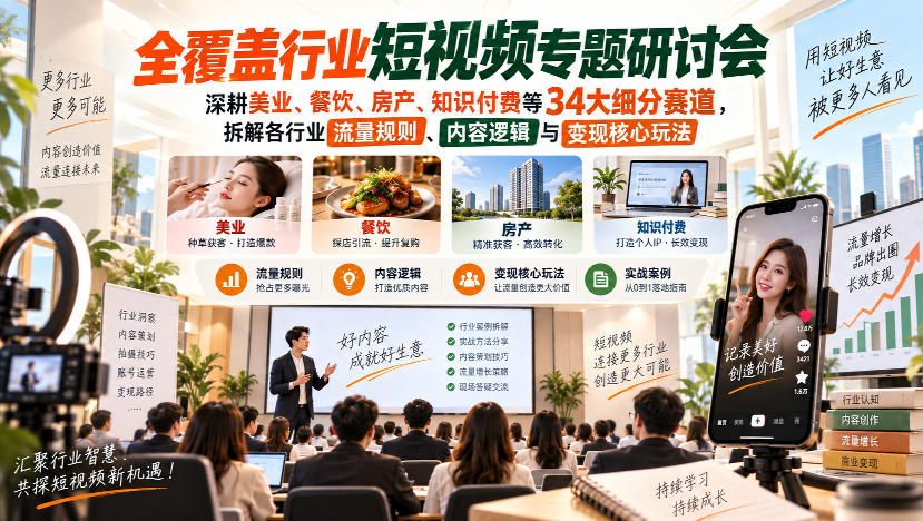 短视频专题研讨会,深耕美业、餐饮、房产、知识付费等34大细分赛道,拆解各行业流量规则、内容逻辑与变现核心玩法(更新1011)-阿灿学库