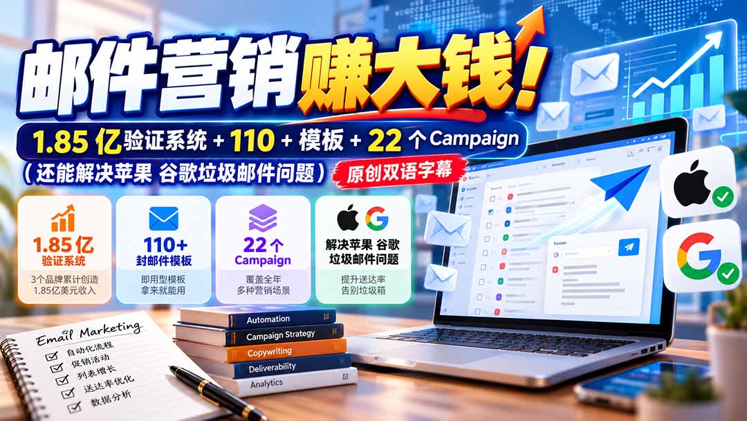 邮件营销赚大钱！1.85亿验证系统+110+模板+22个Campaign(还能解决苹果 谷歌垃圾邮件问题-阿灿学库