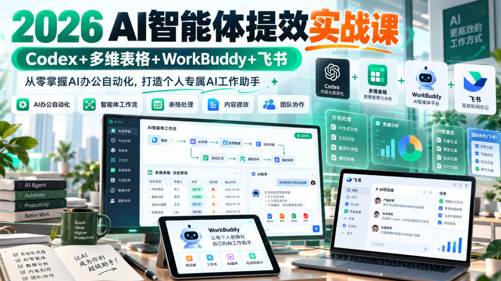 2026 AI智能体提效实战课：Codex+多维表格+WorkBuddy+飞书，从零掌握AI办公自动化，打造个人专属AI工作助手-阿灿学库