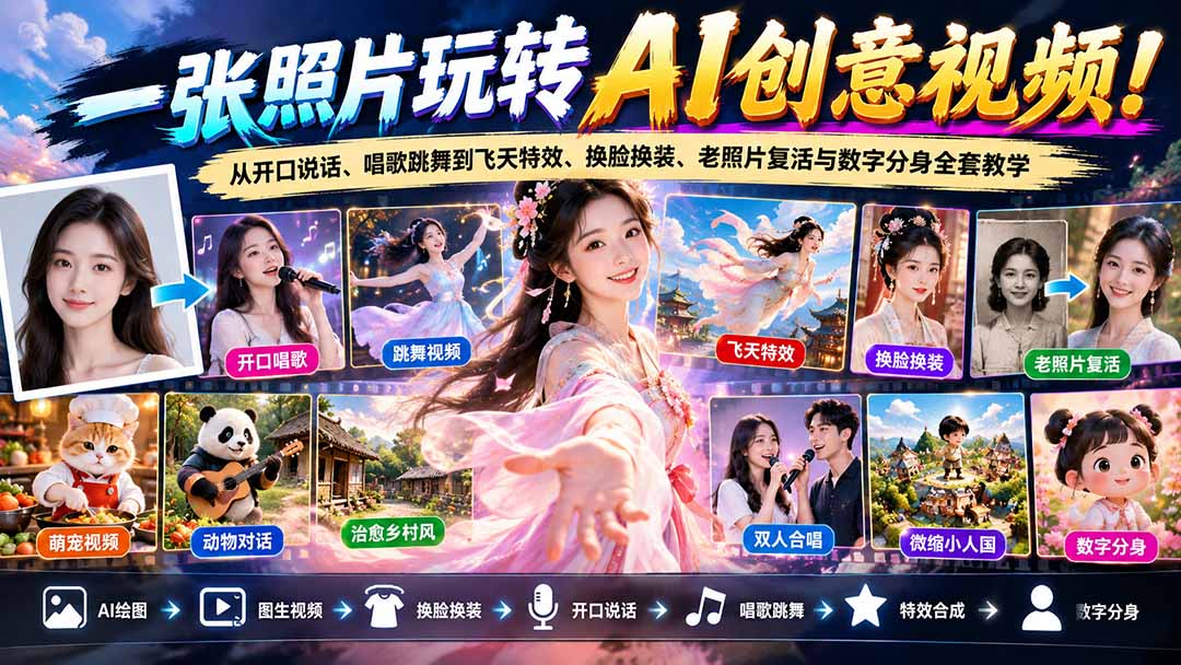 一张照片玩转AI创意视频！从开口说话、唱歌跳舞到飞天特效、换脸换装、老照片复活与数字分身全套教学-阿灿学库