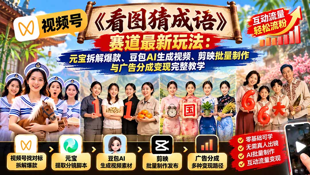 视频号《看图猜成语》赛道最新玩法：元宝拆解爆款、豆包AI生成视频、剪映批量制作与广告分成变现完整教学-阿灿学库